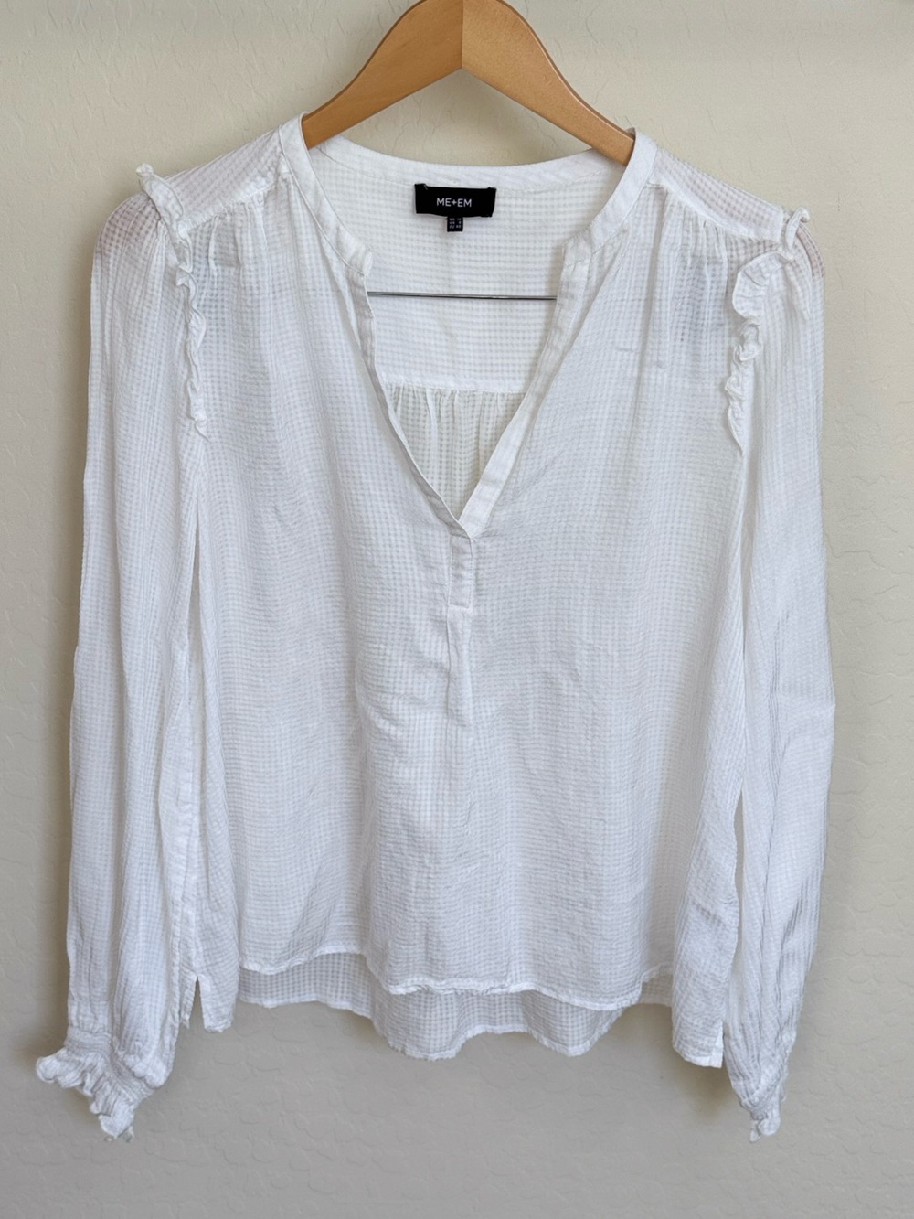 ME+EM White Cheesecloth Gauze Textured Cotton Dobby Ruffle Peasant Blouse Sz 8